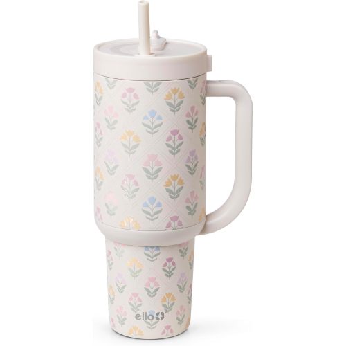 Ello Oasis 40oz Insulated Stainless Steel Tumbler with Straw, Flower Quilt | Insulated stainless steel cup with handle, retracting straw, leakproof lid, keeps cold 24 hours, cupholder fit