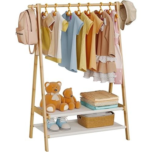 Aetherika Kids Clothing Rack with 2 Fabric Shelves, Foldable Child Garment Stand with Hanging Rod, Small Dress Up Organizer, Bamboo (Natural)