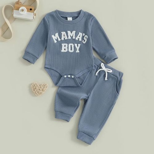 Douhoow Baby Boy Clothes Letters Embroidered Baby Sweatshirt Romper Waffle Pants Set Infant Boy Fall Winter Outfits