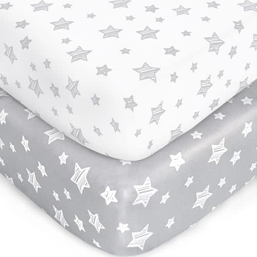 Crib Sheets for Boys or Girls 2 Pack, Fitted Crib Sheet for Standard Size Crib and Toddler Mattresses, Soft and Breathable Material, Grey & White