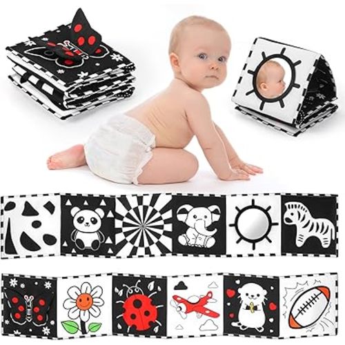 High Contrast Baby Book with Tummy Time Mirror & Contrast Cards | Black and White Visual Stimulation for Newborns 0-6 Months & Infants | Interactive Learning Gift, Baby Shower Essential