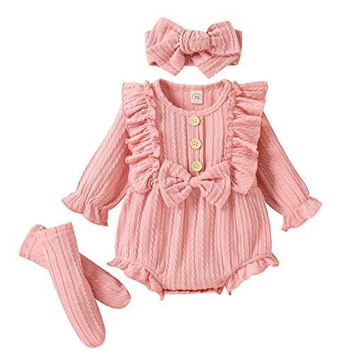 ZAXARRA Newborn Baby Girls Clothes Long Sleeve Button Front Ruffle Romper Socks Headband 3Pcs Set Fall Winter Outfits