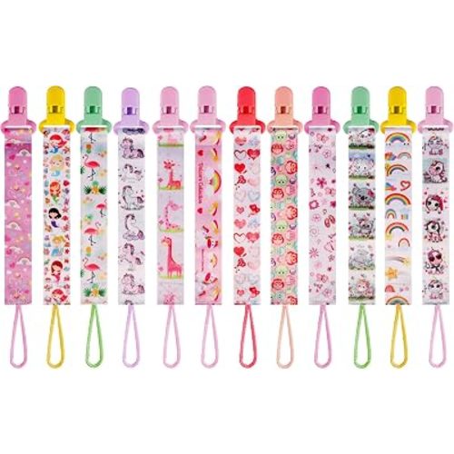 12 Pack Pacifier Clips with Adjustable Strap (32-46.5cm)/Short Strap(25.5cm) - Premium Polyester Baby Pacifier Holder Set, Multi-Design Clips for Boys Girls (Multicolor G 25/26cm)