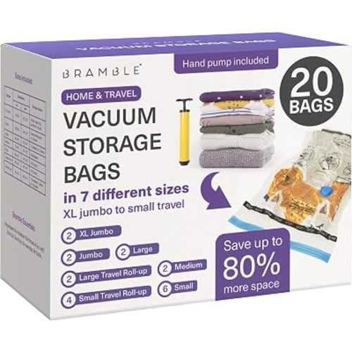 BRAMBLE 20 Pack Vacuum Storage Bags (2 XL Jumbo, 2 Jumbo, 2 Large, 2 Medium, 6 Small, 6 Roll Up) Space Saver Sealer Compression Bags for Clothes, Pillows, Comforters, Blankets, Hand Pump Included