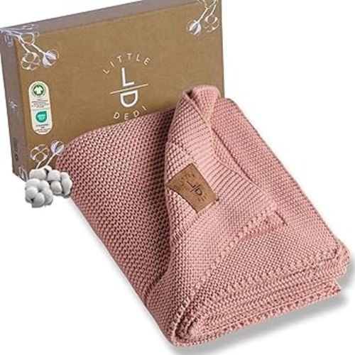 100% Organic Cotton Baby Knitted Blanket with Gift Box - Soft Toddler, Crib, Stroller Blanket - Neutral Swaddle and Receiving Blanket for Newborns, 30"x40", Pink
