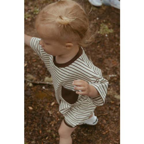 Cory Pocket Romper in Thin Chocolate Stripe