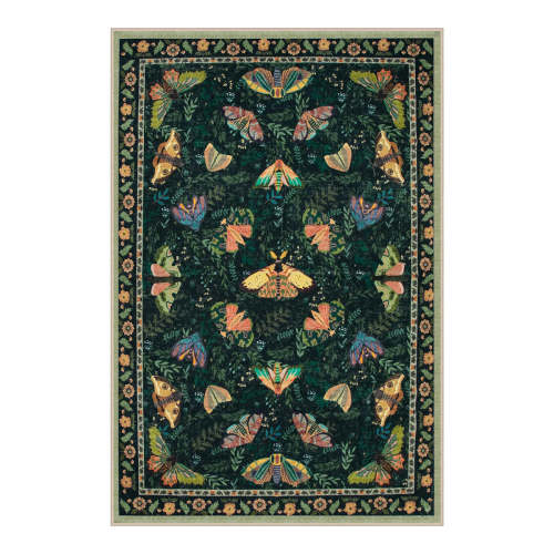 Villette Washable Vintage Botanical Insect Green Rug