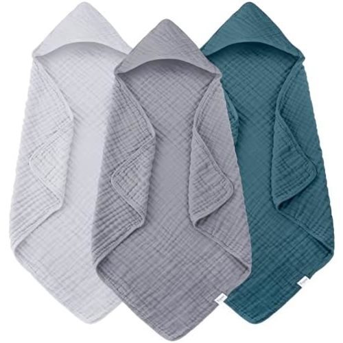 Muslin Hooded Baby Bath Towels - 3 Pack 100% Cotton Ultra-Soft Towels for Newborns, Infants, Toddlers - 32x32 Inch - Highly Absorbent, Quick-Dry Essentials for Bath, Beach, Pool, Grey Blue Series