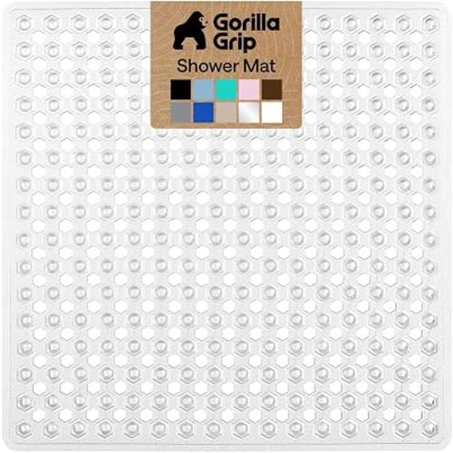 GORILLA GRIP Patented Square Shower Stall Mat, Small Bathtub Floor Mats for Stand Up Showers with Suction Cups and Drainage Holes, Machine Wash, Soft on Feet, Bathroom Accessories 21x21 Inch, Clear