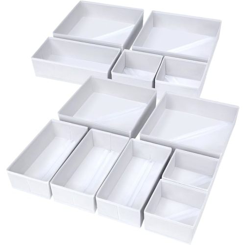 DIMJ Drawer Organizer Clothes, 12 Pack Fabric Closet Organizers and Storage, Foldable Baby Clothes Organizer & Dresser Bin For Nursery, Bedroom, Closet, Socks, Bra, Tie,White
