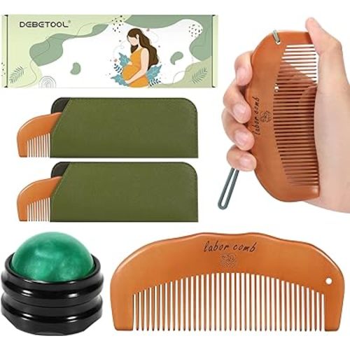 Wooden Labor Comb and Massage Roller Ball Kit - Birthing Comb for Labor Pain Relief, 2-in-1 Massage Tool for Pregnancy, Labor and Delivery Essentials Gift Set