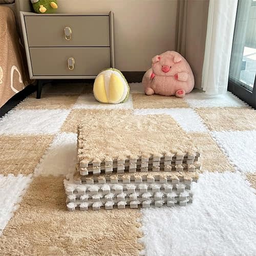 12pcs Carpet Squares Puzzle Floor Mat, Plush Interlocking Carpet Tiles, Anti Slip EVA Foam Jigsaw Floor Tiles, Build A Safe Area for Bedroom Playroom (Beige+White)