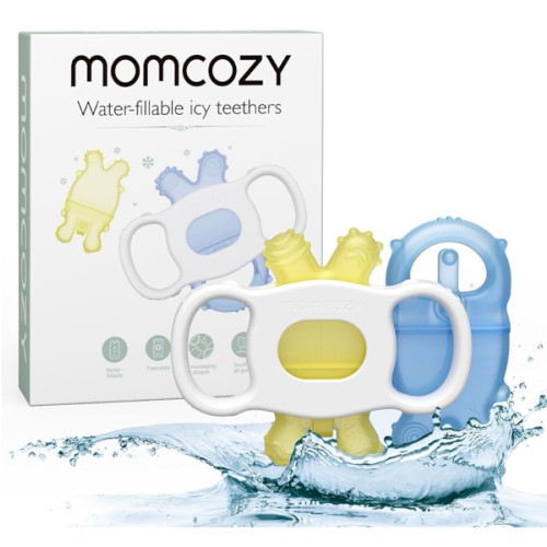Momcozy Baby Teether Toys, Water Fillable Silicone Cold Teether, Baby Teething Toys Chill Teether, Baby Toys for Teething Relief 0-12 Months, Blue and Yellow 2 Pcs
