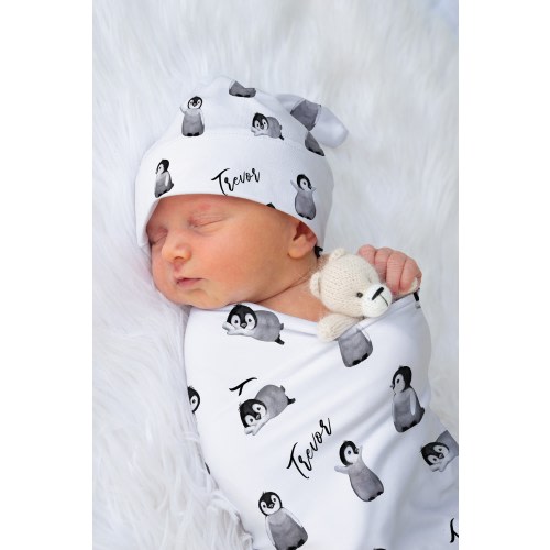 Personalized Penguin Baby Swaddle Blanket Set | Arctic Nursery Decor