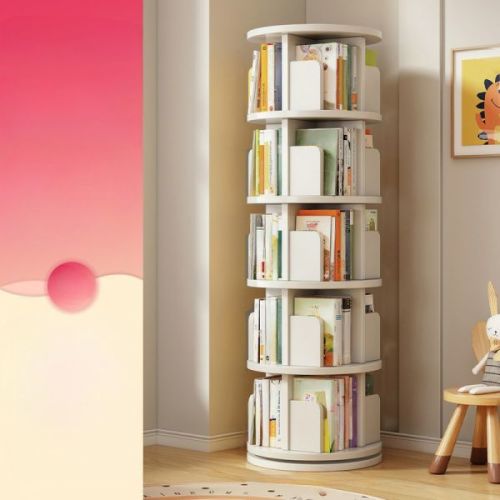 Modern Rotating Kids Bookshelf 360 Multi-Tier Storage Organizer with Anti-Fall Baffles for Bedrooms & Playrooms - White 16"L x 16"W x 59"H