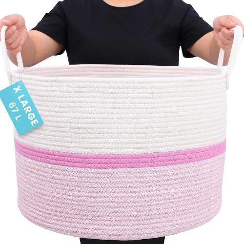 OrganiHaus Large Woven Storage Basket for Blankets and Toys 20" x 13" Inch, Rope Laundry Basket with Handles, Cushions & Pillows Storage Bin, Nursery Hamper, Soft Round Dog Toy Bin - Pink Stripe