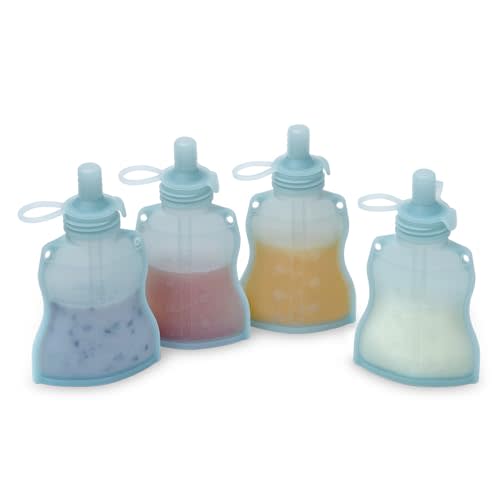 Haakaa Silicone Yummy Pouch 4.5 oz – Reusable Silicone Snack & Smoothie Pouch, Refillable, Leak-Resistant, Dishwasher Safe, Eco-Friendly Food Storage for Kids & Toddlers (4-PK, Mist Blue)