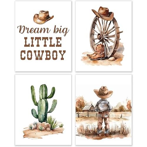 BESERH Western Nursery Wall Decor, Cowboy Nursery Wall Art Prints, Rustic Country Cowboy Hats Boots Cactus Western Posters for Boys Room Playroom, 8x10 Inches Set of 4 Unframed