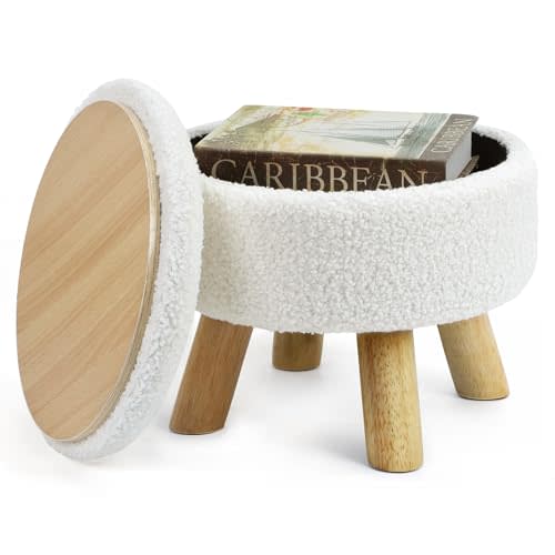 OGEMXU Ottoman Foot Rest, Small Round Ottoman with Storage, Boucle Teddy Velvet Footstool with Wood Legs, Soft Sponge Storage Ottoman for Living Room, Bedroom, Couch, Enterway (Cream)
