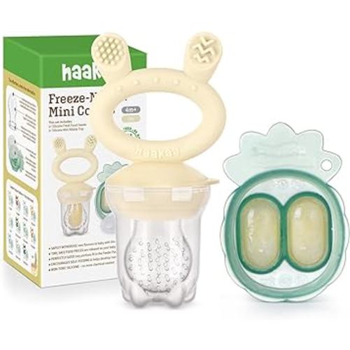 Haakaa Baby Fruit Food Feeder & Mini Freezer Nibble Tray Combo, Breastmilk Popsicle Molds for Baby Cooling Relief, BPA Free Silicone Feeder for Safe Infant Self Feeding, 4 Month+ (Oat)