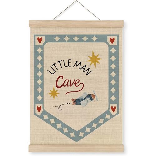 MAQIKA Little Man Cave Airplane Nursery Poster Framed with Wood Hanger, Kids Playroom Hanging Wall Decor, Toddler Boy Canvas Wall Art Paints for Kids Boys Nursery Room Bedroom Playroom, 12x16 Inch
