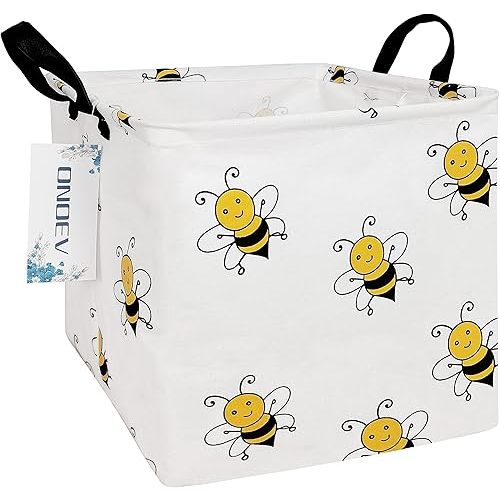 Square Folding Laundry Basket, Canvas Basket,Nersury Hamper,Suitable for Children,Office,Bedroom,Clothes,Toys Storage（Bee
