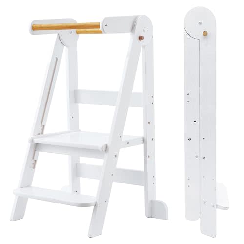 Foldable Toddler Kitchen Stool Helper Folding Step Stool for Kids | Toddler Standing Tower with 3 Adjustable Height Helper Tower 95% pre-installed, Ages 18 Months to 6 Years, White