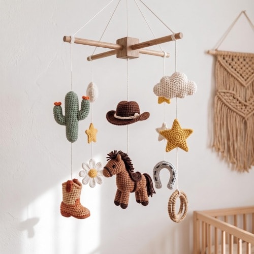 Crochet Cowboy Baby Mobile, Western Crib Mobile, Horse Nursery Decor, Cowboy Nursery Decor, Baby Shower Gift, Handmade Baby Mobile