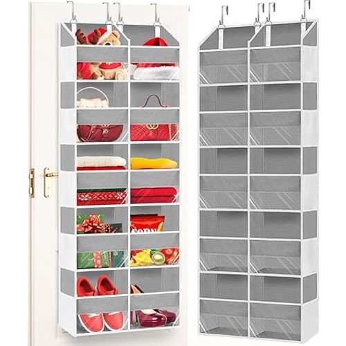 Over The Door Organizer, 5-Tier Extra Large Behind Door Storage with 10 Big Front & 10 Mesh Pockets, 80lb Capacity, Hanging Storage Organizer with Clear Window Kids Toys, Shoes, Diapers, Light Grey