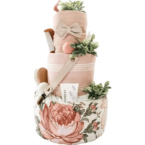 Vintage Floral Diaper Cake - Baby in Bloom Themed Diaper Cake. Handmade Baby Shower Gift for Girl, Pink Diaper Cake, Baby Shower Centerpiece - Tumbleweed Babies