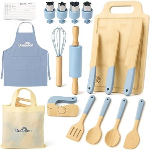 29 PCS Wooden Kids Cooking Set, Toddler Montessori Cooking & Baking Kitchen Tools for Real Cooking, 3 Knifes, Real Cutting Board, Apron, Kid Safe Kitchen Utensils for 3+ Year Old Boys Girls Gift