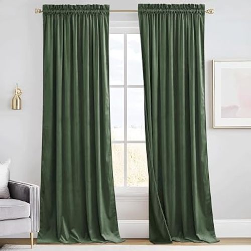 RYB HOME Elegant Green Velvet Curtains 84 inches Long, Light Blocking, Thermal Insulated, Stylish Rod Pocket Velvet Drapes for Cozy Home Aesthetics, 52" W x 84" L, 2 Panels Set