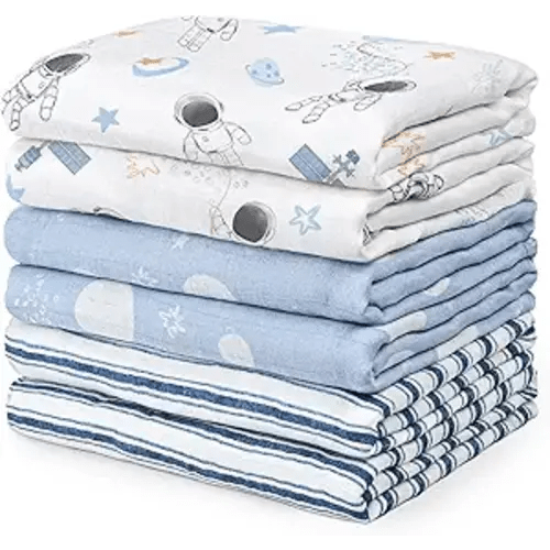 GLLQUEN BABY Receiving Blanket Boy Cotton Muslin Swaddle Blankets Girl Newborn Squares Breathable & Soft Thin Baby Blankets Cloths Double Absorbent Infant Swaddling Wrap - 6 Pack (Blue Astronaut)