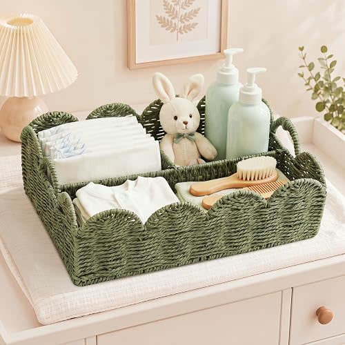 Mifoci Divided Baby Diaper Caddy Sage Green Scalloped Large Wicker Basket