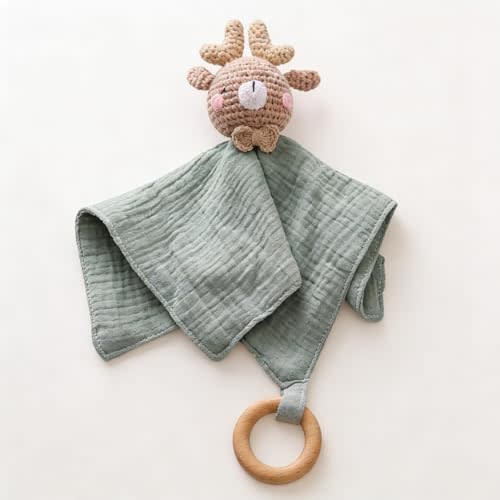 Organic Cotton Muslin Lovey – Soft Comfort Blanket with Crochet Animal & Wooden Rattle Ring, Adorable Sensory Toy & Soothing Companion (Deer)