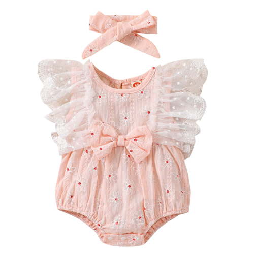 Zwiiyzr Baby Girl Clothes Newborn Infant Summer Outfit Cute Lace Trim Ruffle Romper Headband Set Summer Outfits Set 0-18 Months Pink