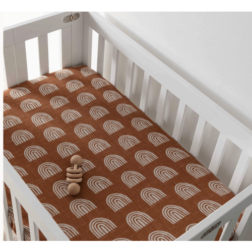 Mini Crib Sheet in GOTS Certified Organic Muslin Cotton - Terracotta Rainbow