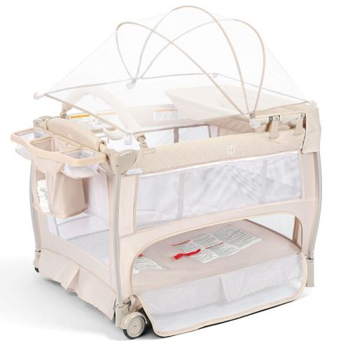 Kinder King 5-in-1 Baby Playard with Bassinet, Bedside Sleeper, Changing Table, Canopy & Side Zipper, Portable Baby Playard