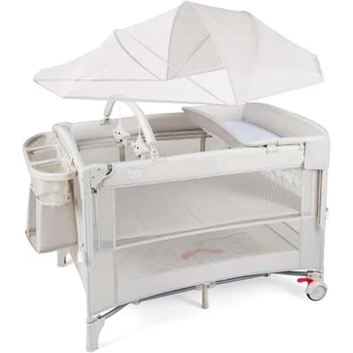 Amazon.com: BABY JOY 5-in-1 Pack and Play with Canopy, Baby Bedside Sleeper w/Bassinet | 4 Level Heights, U-Shaped Changing Table, Safety Strap, Side Zipper, Portable Bedside Crib Playard for Newborn to Toddlers