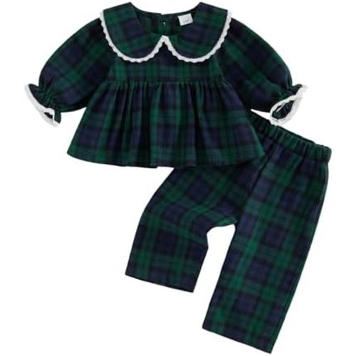 Baby Girl Spring Outfit Lace Trim Peter Pan Collar Long Sleeve Tops Gingham Long Pants Set Toddler Fall Winter Clothes
