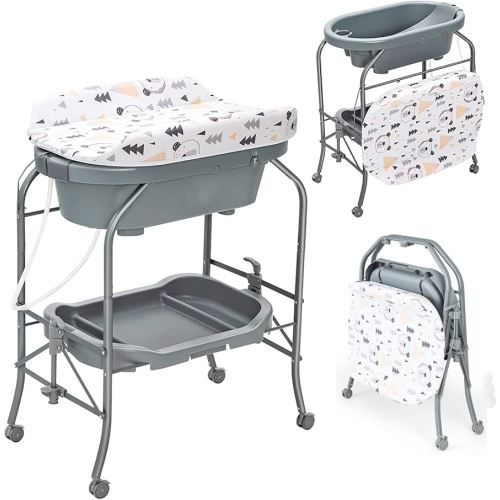 HONEY JOY Baby Changing Table with Bathtub, Foldable Infant Diaper Changing Station with Wheels, Storage Tray, Waterproof Pad, Portable Newborn Nursery Organizer Bath Stand for Boys Girls (Gray)