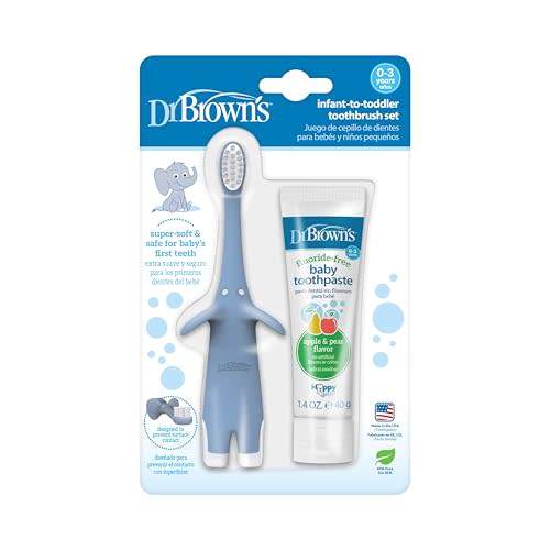 Dr. Brown's Infant-to-Toddler Training Toothbrush Set, Blue Elephant with Fluoride-Free Apple Pear Baby Toothpaste, 0-3 years