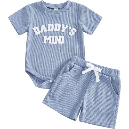 Kupretty Baby Boy Clothes 3 6 12 18 Months Summer Outfit Daddy's Mini Embroidery Waffle Short Sleeve Romper & Shorts Set