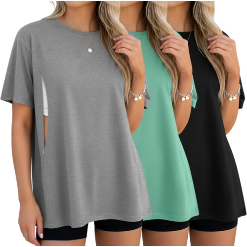 3 Pack Women's Oversize Nursing Breastfeeding Shirts Hidden Zipper Short Sleeve Loose Fit Maternity Tops