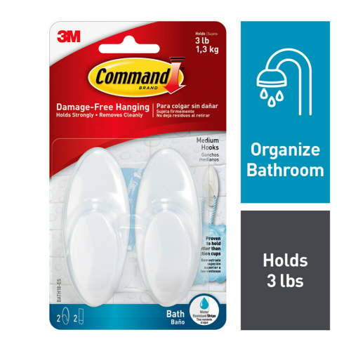 Command Medium Frosted Bath Hooks with Water-Resistant Strips, Damage-Free Bathroom Organization