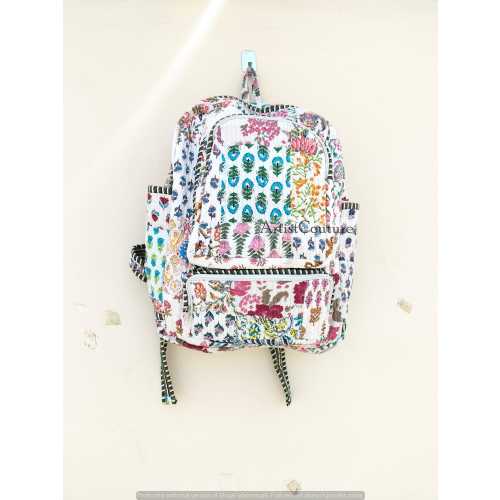 Handmade Block Printed Quilted Cotton Backpack: Bohemian Indian Tote