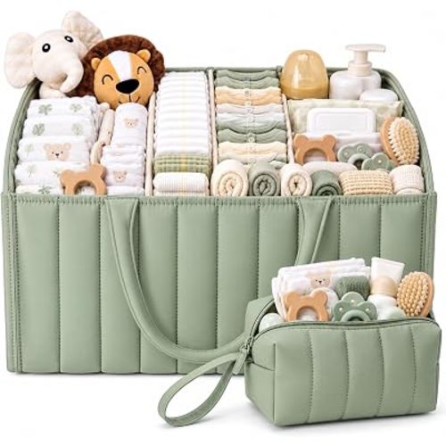 2 Set Baby Diaper Caddy Organizer, Portable Nursery Storage, Sage Green