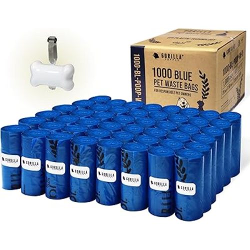 GORILLA SUPPLY 1000 Dog Poop Waste Bags with Dispenser and Leash Tie, 9" x 13", Blue, 1000 Count