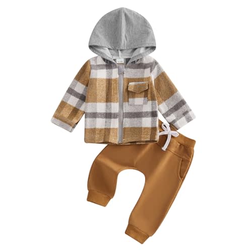 Kayotuas Toddler Baby Boy Fall Winter Outfit Vintage Plaid Hoodie Jacket Shirts Pants Set Infant 2 Piece Sweatsuit Tracksuit