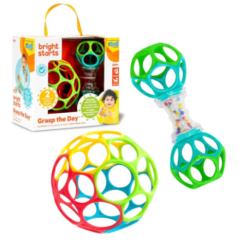 Bright Starts Easy-Grasp Oball Bundle Gift Set - Grasp The Day, Ball and Rattle Toys 2-Pack, BPA Free, Unisex, Newborn+